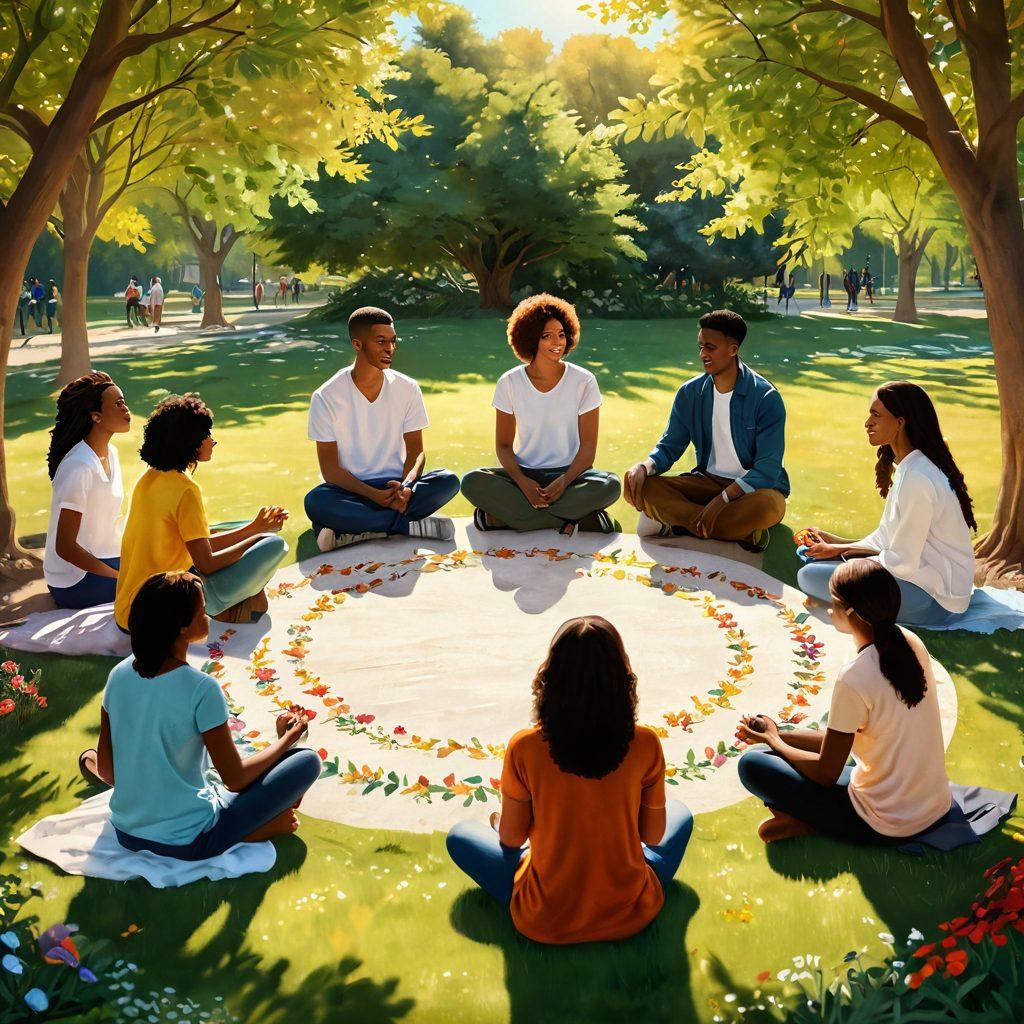 A warm and inviting scene depicting a diverse group of individuals gathered in a circle, sharing stories and support in a sunlit park. Include elements of nature like blooming flowers and trees to symbolize growth and healing. Add subtle heart motifs in the background to emphasize connection. The overall atmosphere should feel hopeful and uplifting. vibrant colors. super-realistic.