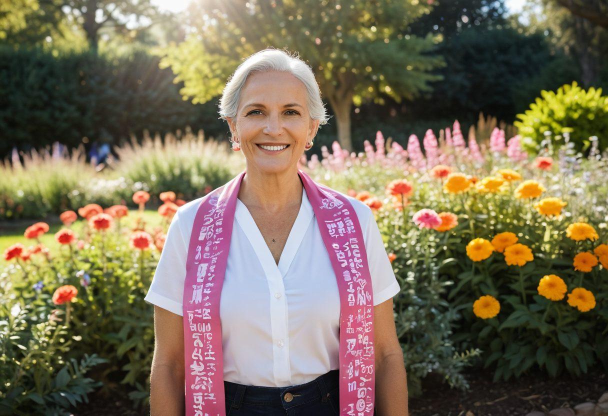 A radiant cancer survivor standing triumphantly in a sunlit garden, surrounded by colorful flowers symbolizing hope and resilience. In the background, a group of diverse individuals engaged in a supportive conversation, showcasing community and connection. Incorporate visual elements like medical research papers and ribbons to represent oncology advancements. The atmosphere is uplifting and vibrant, capturing strength and unity in overcoming challenges. super-realistic. vibrant colors. soft focus.